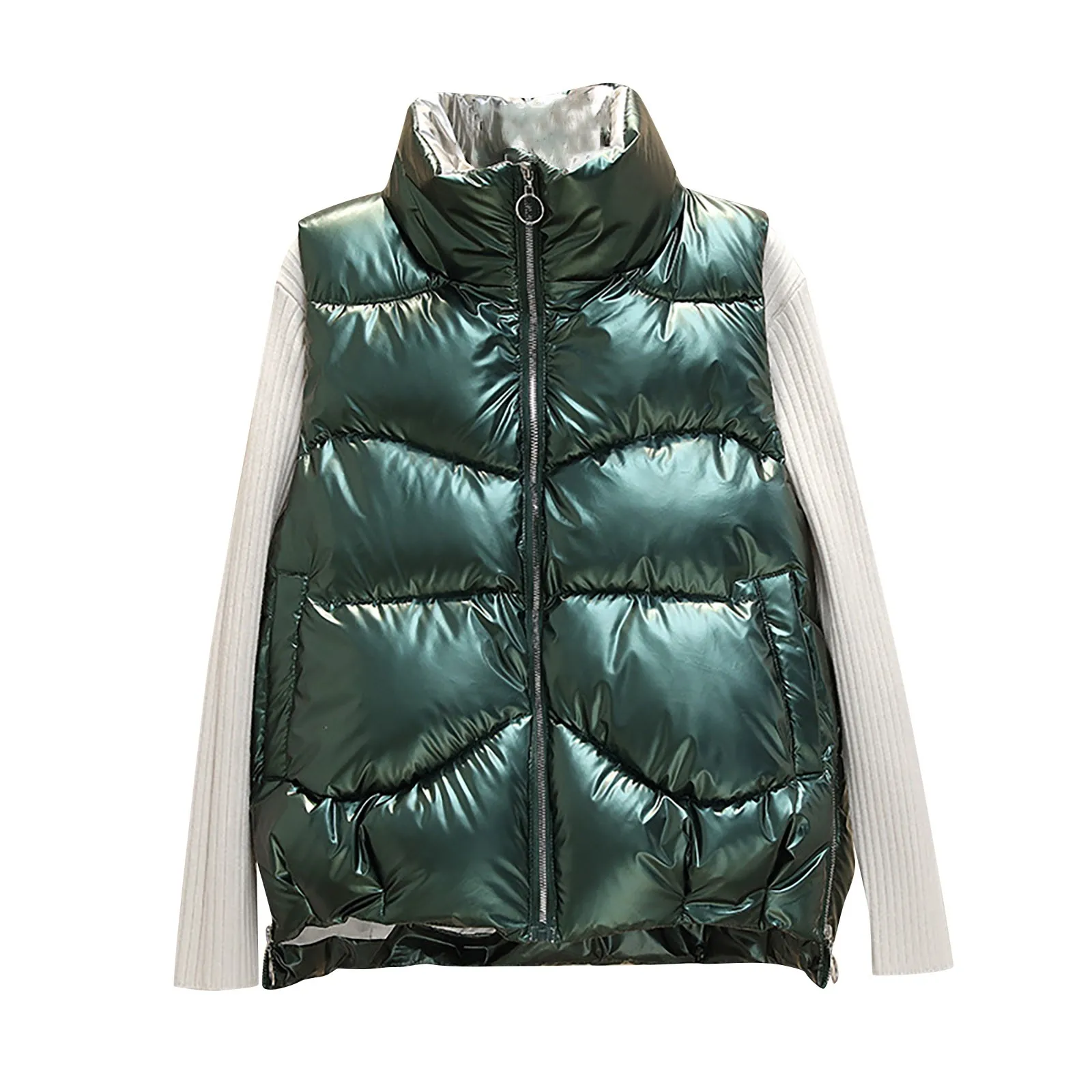 Women Zipper Vest Parka Solid Metallic Color Sleeveless Poket Coat Tops Winter Warm Casual Outdoor Jacket Parka Streetwear Femme
