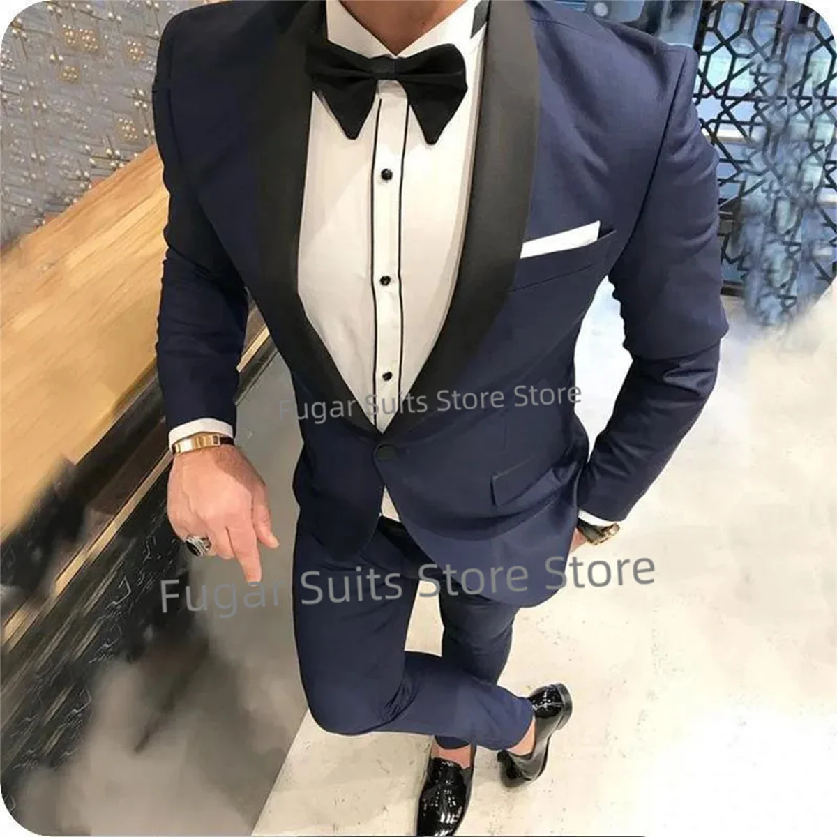 

Business Navy Bule Wedding Men Suits Slim Fit Shawl Lapel Groom Formal Tuxedos 2Pieces Sets One Button Male Blazer Costume Homme