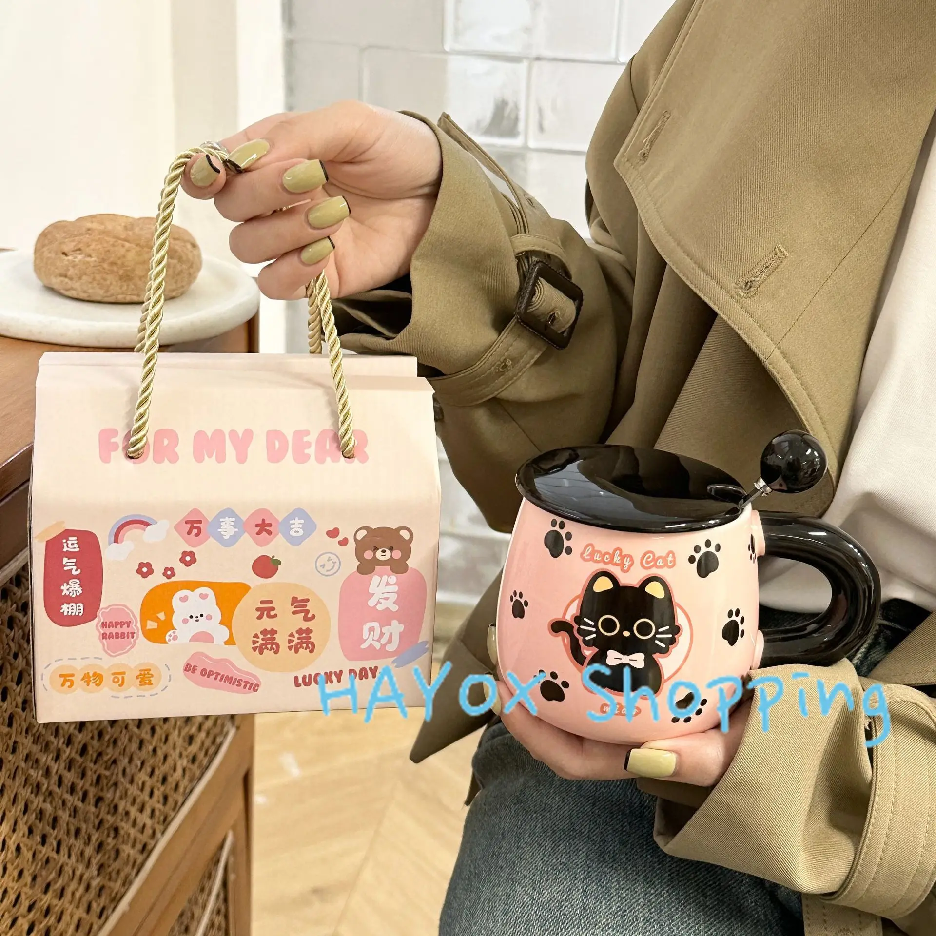 Кружка с розовым котом мультяшная керамическая чашка крышкой и ложкой Офисная