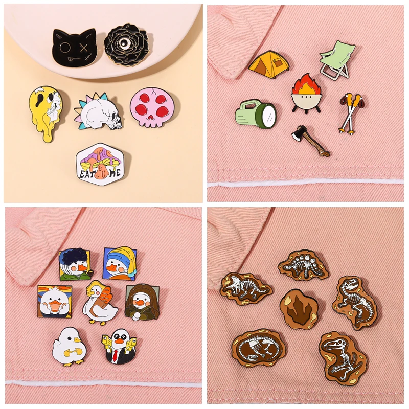 

6-7 Pcs/Set Animal Series Enamel Pin Cosplay Duck Dinosaur Camping On Backpack Brooches Gift for Friends Picnic Jewelry