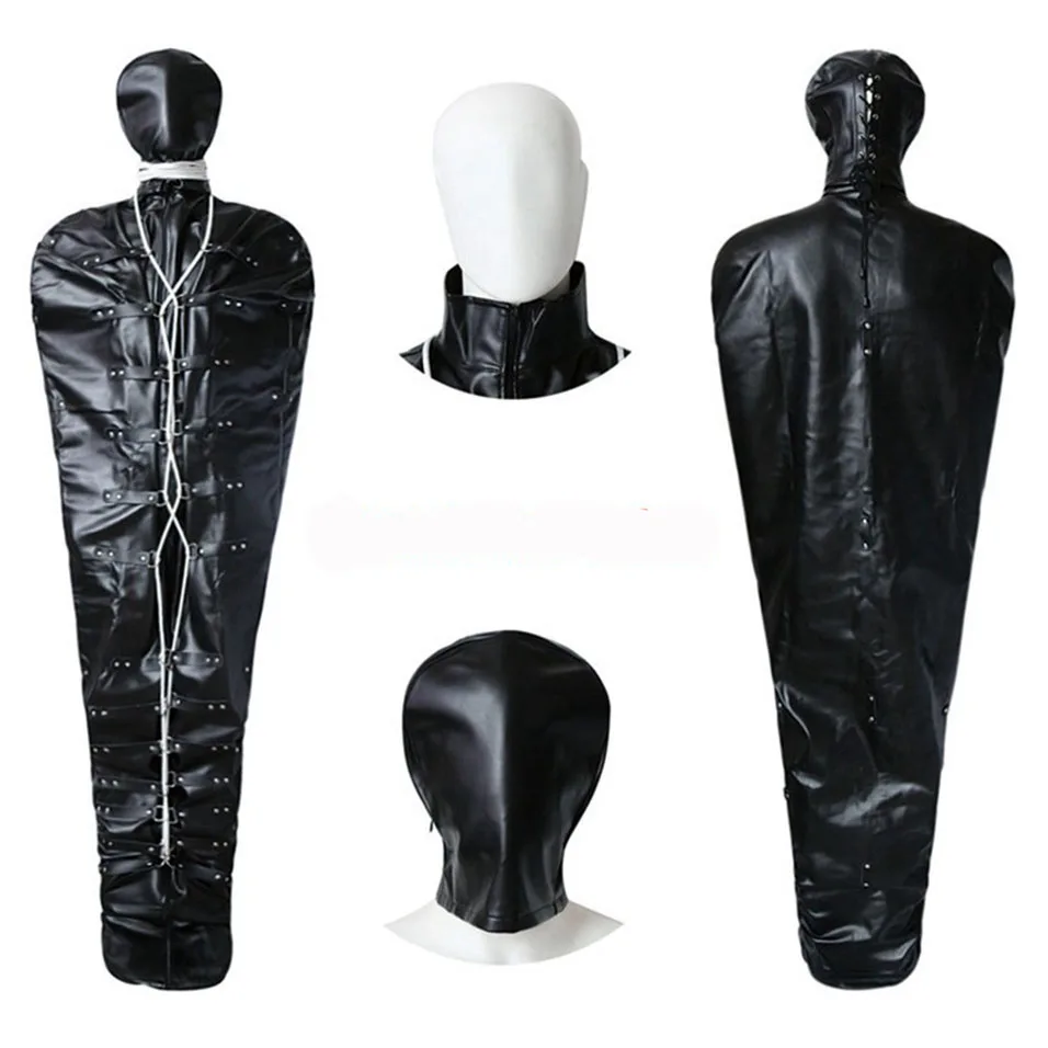 

BDSM camaTech Leather Full Body Wrap Bondage Binder Straitjacket With Head Hood Fetish Restraints Slave Sleeping Bag Adult Games