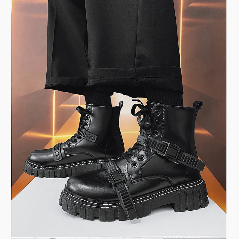 

Men Motorcycle Boots High Tube Plus Velvet Belt Buckle Round PU Solid Color Warmth Waterproof and Anti Skid Increase Men Shoes