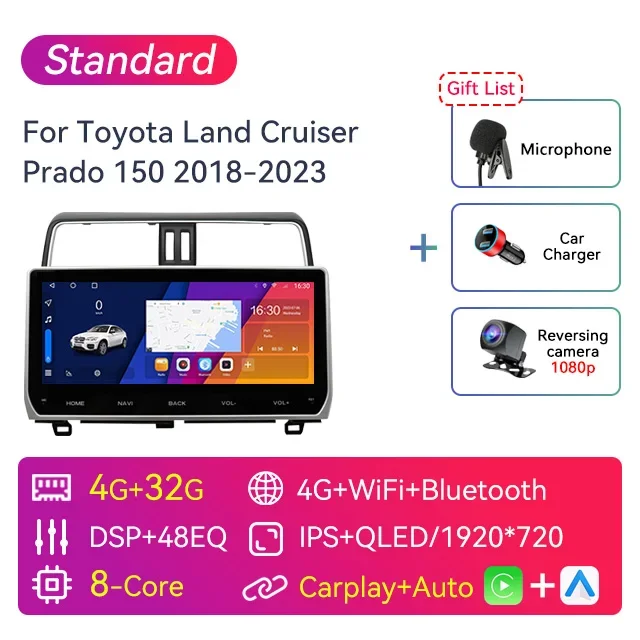 

12,3-дюймовый 2 Din Android автомобильный стерео радио для Toyota Land Cruiser Prado 150 2018 2019 2020 2021 2022 2023 мультимедийный видеоплеер навигация GPS Carplay головное устройство плеер с экраном