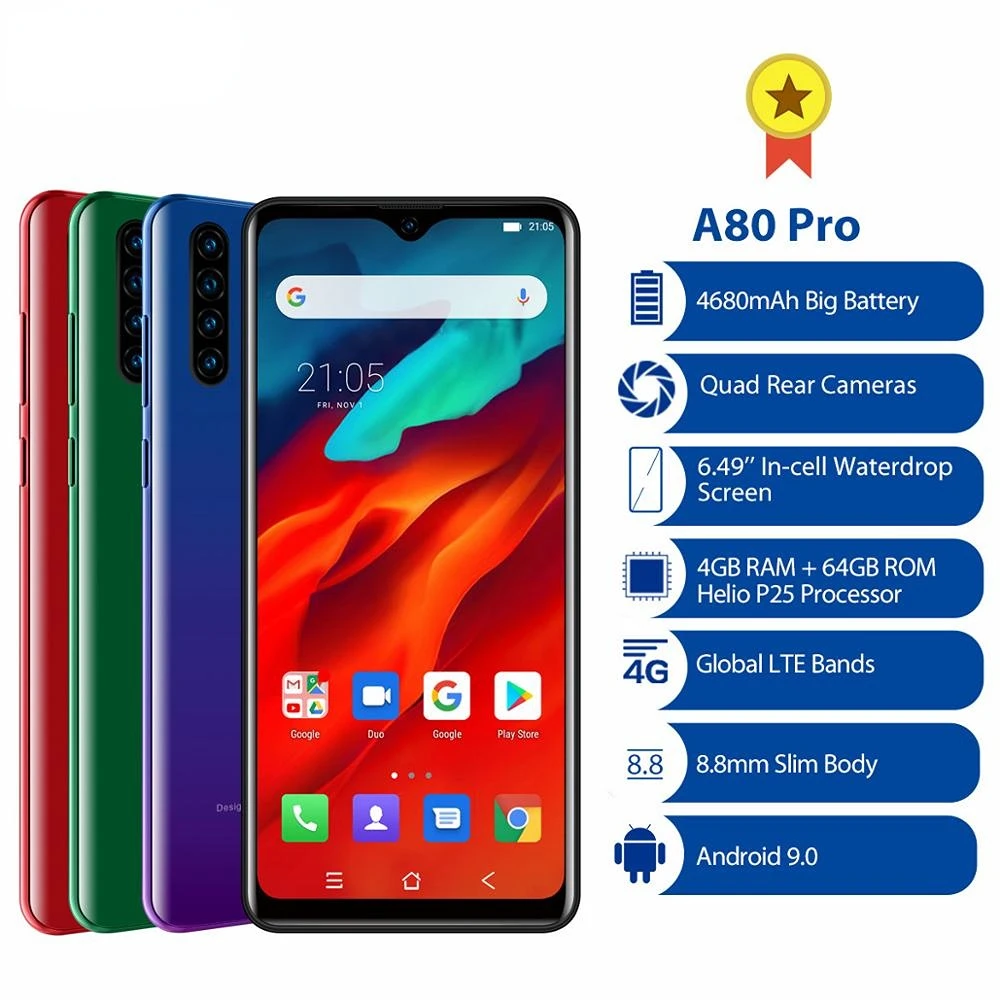 

Blackview A80 Pro 4680mAh 6.49" Smartphone 4GB 64GB Octa Core Android 10.0 Quad Rear Cameras Global Version 4G LTE Mobile Phone