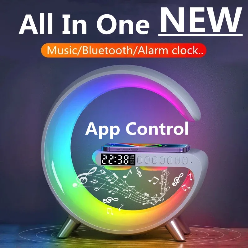 

15W LED Atmosphere RGB Light Wireless Charger Alarm Clock Desk Lamp Bluetooth Speaker with APP Control For iPhone 14 13 12 11 8