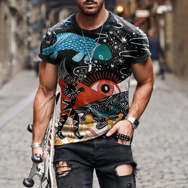 

2021 Summer New Men's Vintage Oversized Short Sleeve T Shirts Fashion Harajuku 3D Print O Collared Man Tshirt Ropa Anime Poleras