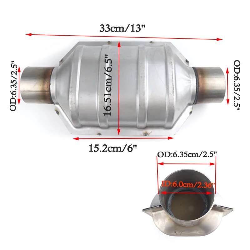 

Универсальный катализатор 2 дюйма/2,25 дюйма/2,5 дюйма/3 дюйма, 400 ячеек, преобразователь с высоким расходом, керамическая подложка, глушитель, нержавеющая сталь