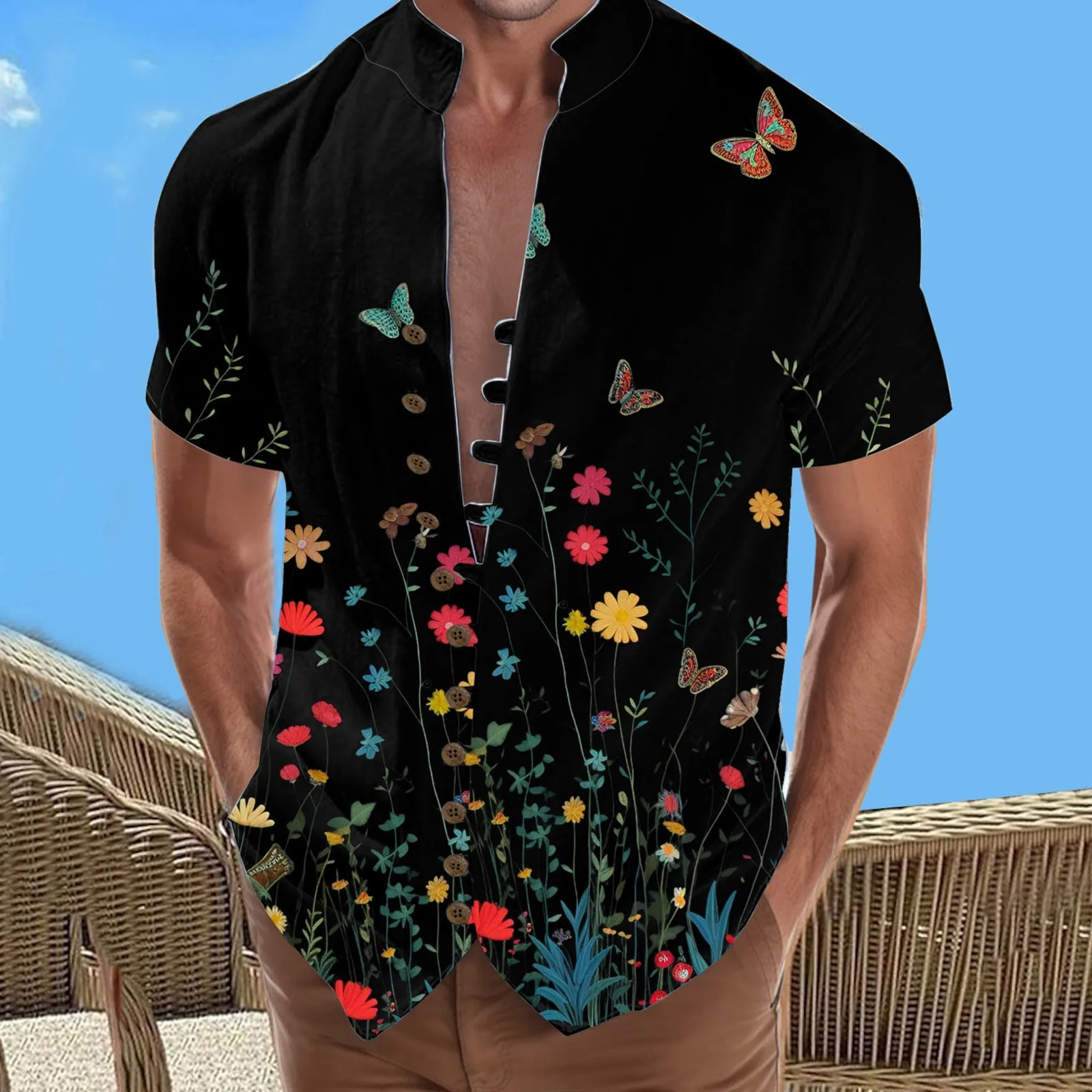 

Hawaiian Shirts Mens Butterfly Printing Short Sleeve Shirt Stand-Collar Short-Sleeve Cardigan Holiday Vacation Travel Beach Top