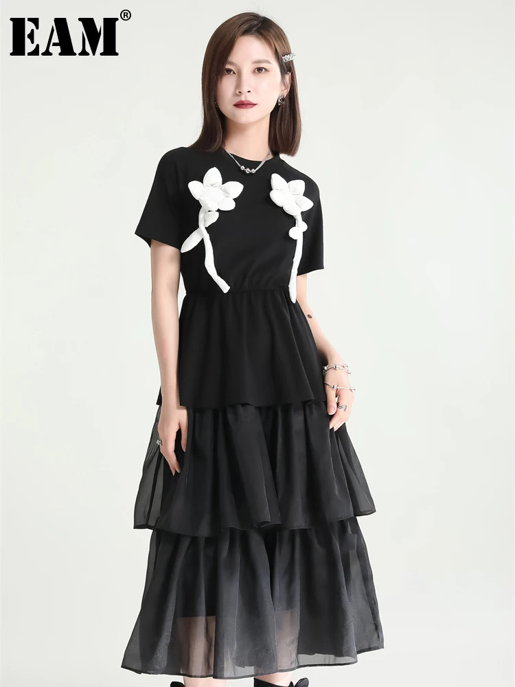 

[EAM] Women Black Flower Heem Mesh Long Elegant Dress New Round Neck Short Sleeve Loose Fit Fashion Spring Summer 2022 1DE9088