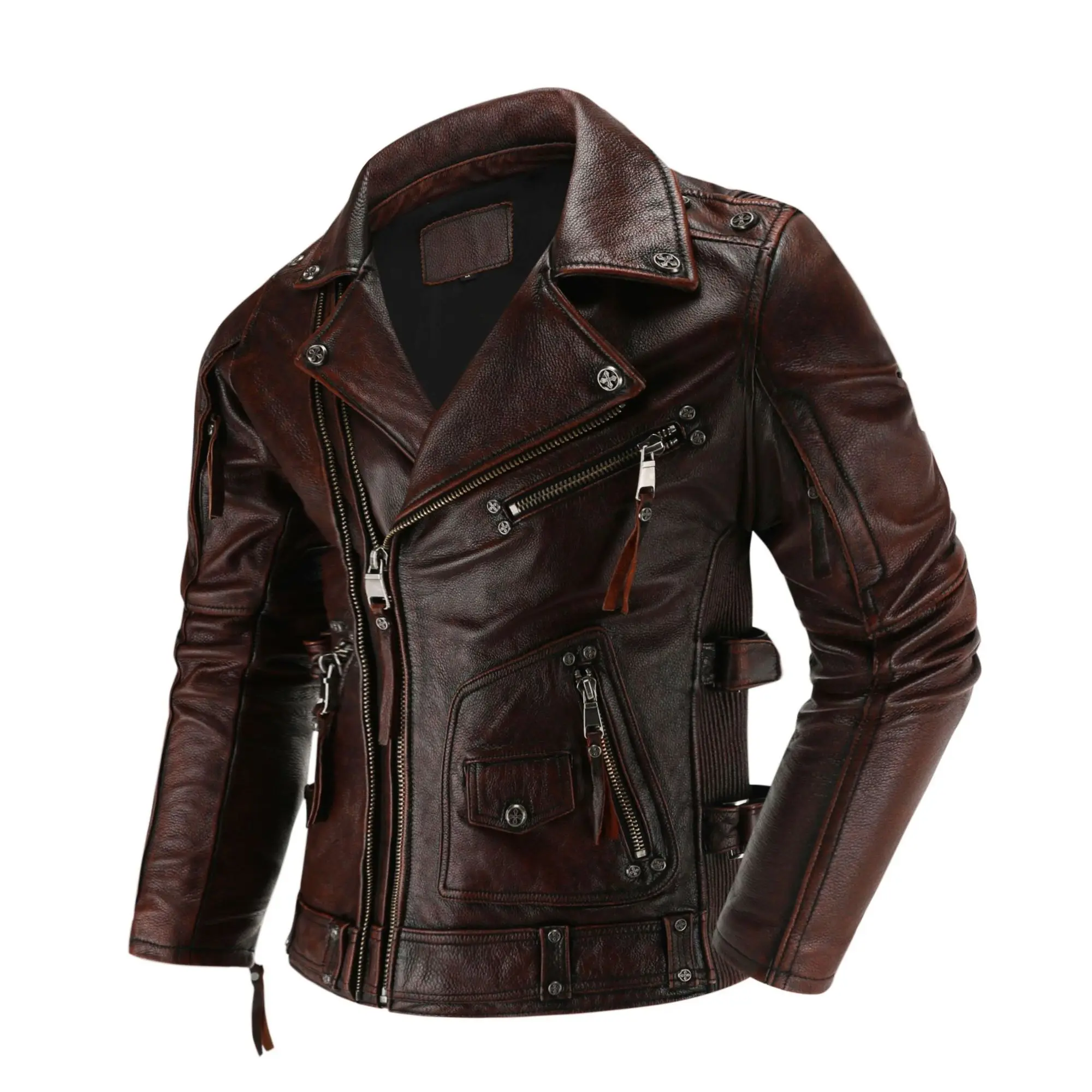 

Style New Multi-Zipper Graphite Do Old Vintage Motorcycle Suit Top Layer Cowhide Genuine Leather Men's Slim Fit Jacket
