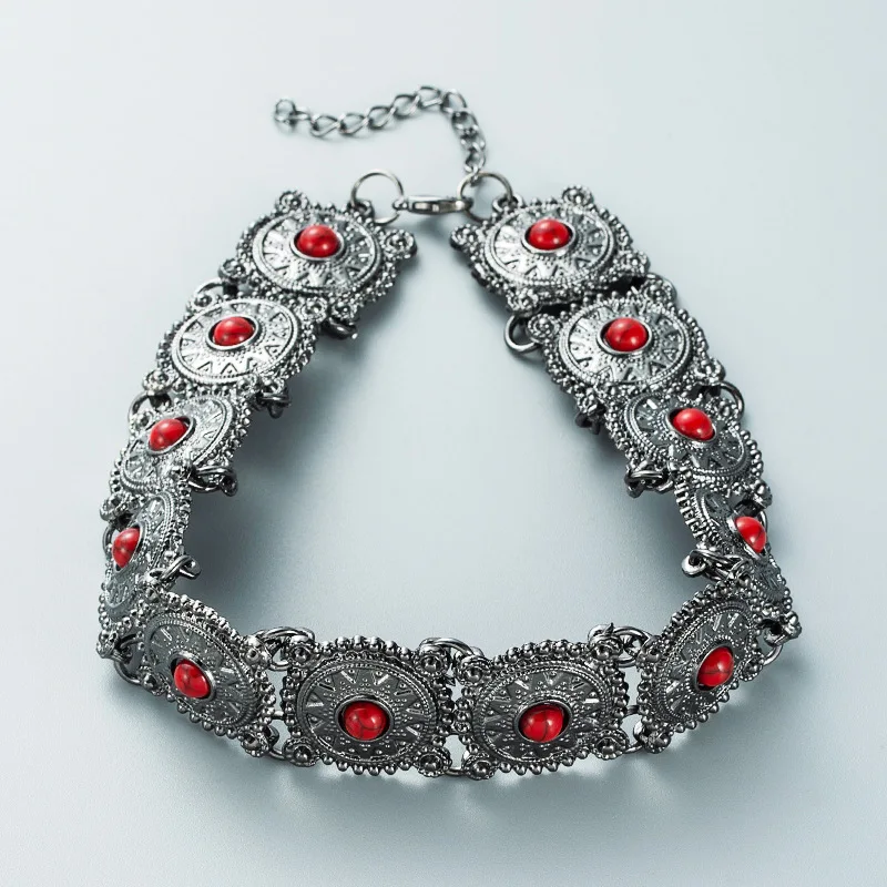 

European And American Personality Exaggerated Short Retro Temperament Pattern Turquoise Neck Chain National Style Advanced Sense