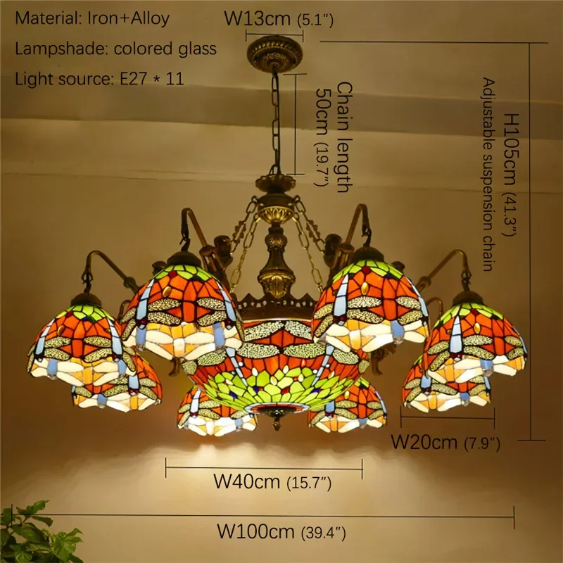 TINNY Tiffany European Living Room PendantLamp Vintage Creative Color Glass restaurant Bedroom Hotel Villa Chandelier Specifica