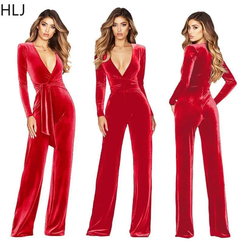 Женский бархатный комбинезон HLJ Элегантный слитный с глубоким V-образным вырезом