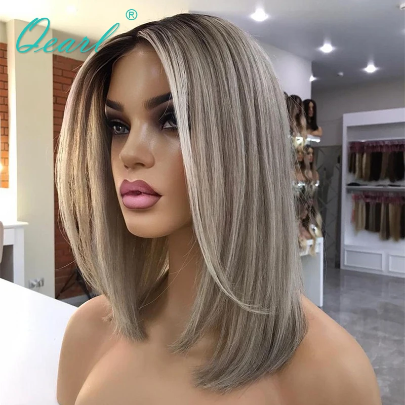 Short Shoulder Bob Lace Frontal Wig 13x4 HD Real Human Hair Wigs for Women Ash Grey Blonde Lace Front Wig Straight Virgin Qearl