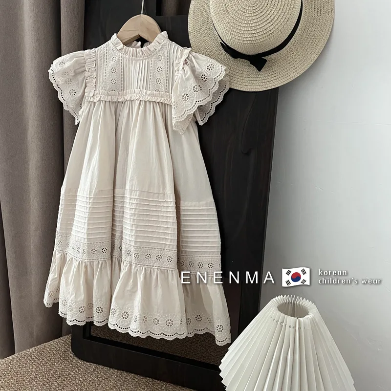 

Korean 2023 New Autumn Kids Dresses for Girls Embroidered Hollow Out Ruffle Sleeve Solid Color All-match O-neck Retro Simple