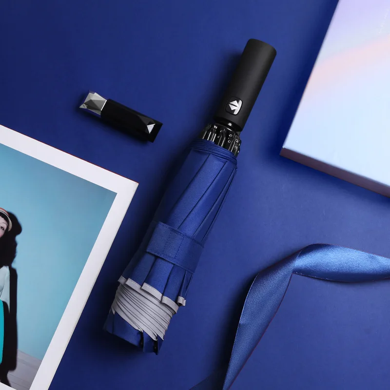 

UV Fully Automatic Reverse Umbrella With Reflective Strip 10 Ribs Three-folding Wind Rain Resistant Sun Umbrellas Gifts Parasol