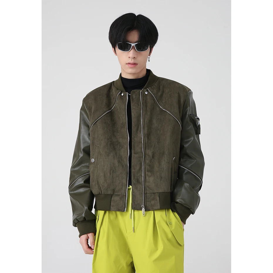 

Men's Designer Jackets Leather Patchwork Padded Shoulder Korean Fashion Zipper Coat