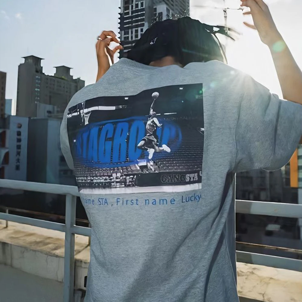 

2023 Summer New Men's Cotton T-shirt American Street Basketball Trapeze Dunk Print Hip-hop Graffiti Men's Loose Plus Size Tops