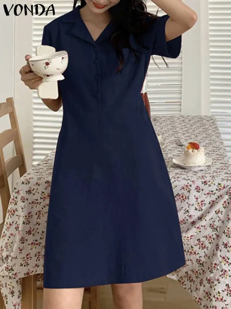 

VONDA Stylish Women Half Sleeve Lapel Sundress Button Up Tunic Holiday Dress Female Fashion Party Vestidos Short Robe Oversized