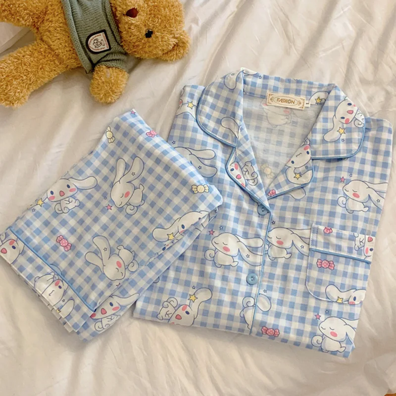 

Милая весенне-осенняя тонкая Пижама Kuromi Cinnamoroll Stellalou с длинными рукавами, Женская хлопковая Домашняя одежда Sanrioed из аниме, комплект из двух п...