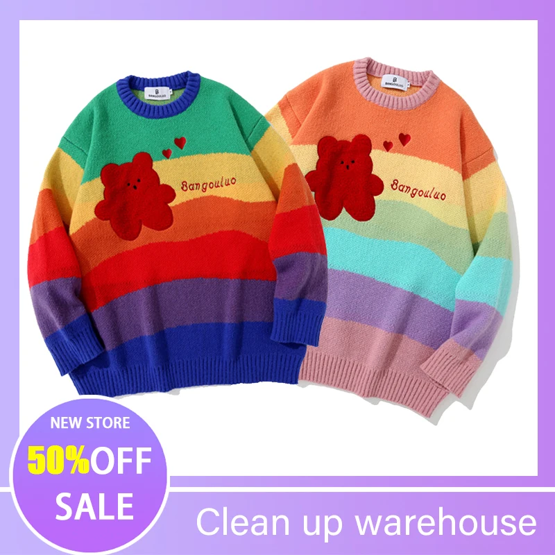 

Streetwear Harajuku Sweaters Embroidery Bear Rainbow Knitted Jumpers Color Block Knitwear Casual Loose Korean AcademyPullover