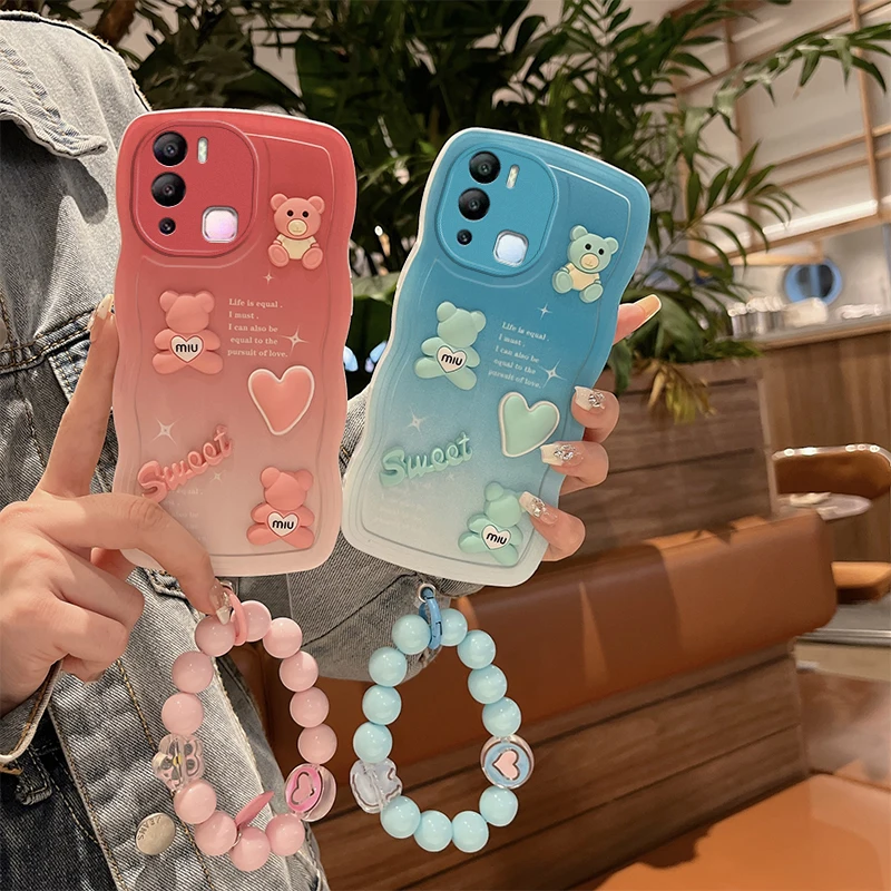 

3D Fashion Luxury Cute Bear Cartoon Phone Holder Soft Silicon Phone Case On For Infinix Hot 12i Hand Strap Bracelet Back Cover