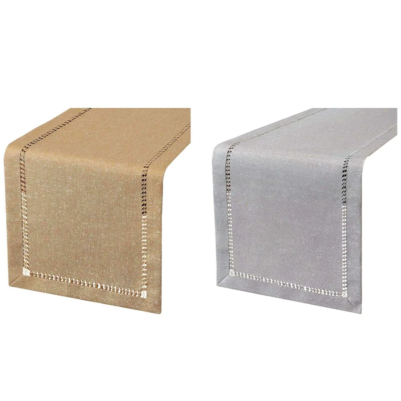 

2 Pcs Hand Hemstitched Dining Table Runner Dresser Scarves, 12 X 72Inch Table Runners, Dark Beige & Gray