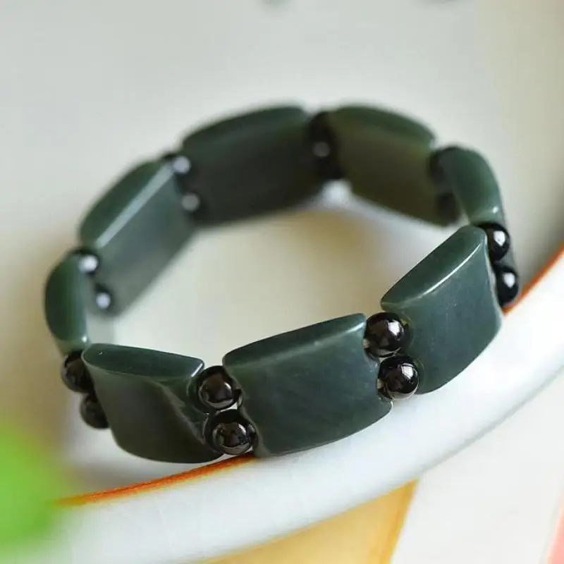 

Natural Green Jade Nephrite Bracelet Men Women Fine Jewelry Chinese Hetian Jades Stone Elastic Beaded Wide Bracelets Bangle