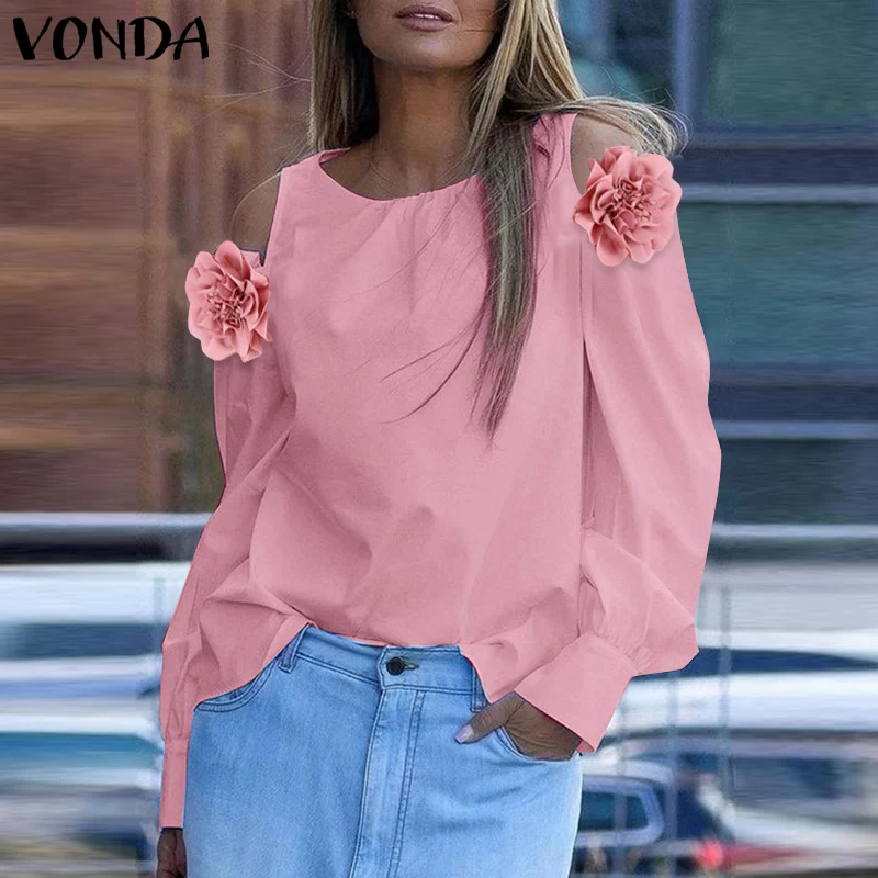 Фото Женские блузки VONDA больших размеров 5XL, топы с открытыми плечами, повседневные однотонные блузы, туники с длинным рукавом и круглым вырезом, с цветочным принтом, рубашки оверсайз №3