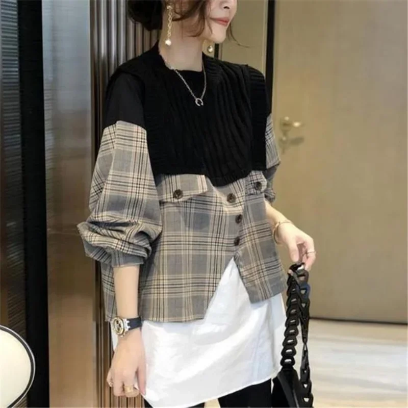 

Women's Clothing Elegant Versatile Autumn and Winter New Fashion Slash Neck Splice Buttons Long Sleeve Casual Plaid Pullover