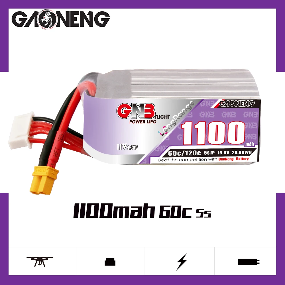 

Gaoneng GNB 5S1P 1100mAh 19.0V 60C/120C Light Weight Long Range LiHV Lipo Battery With XT30/XT60 Plug For RC FPV Racing Drone