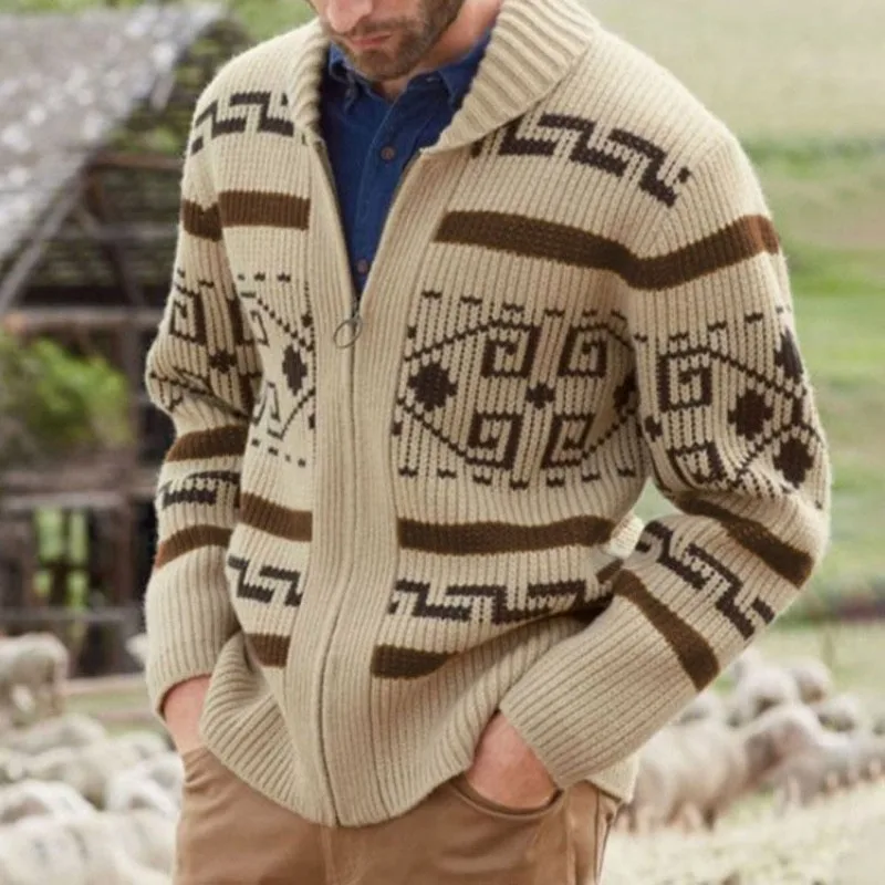 

Жаккардовый зимний и модный новый вязаный кардиган, пальто, повседневный осенний мужской свитер с лацканами, приталенный