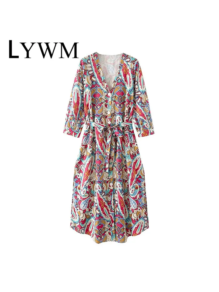 

Женское модное платье миди LYWM с принтом, винтажное однобортное Платье на шнуровке с V-образным вырезом и длинными рукавами, женские шикарные...