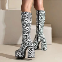 karinluna 2022 fashion square toe thick high heels knee heel bootspatent leather zebra print flatform autumn winter women shoes