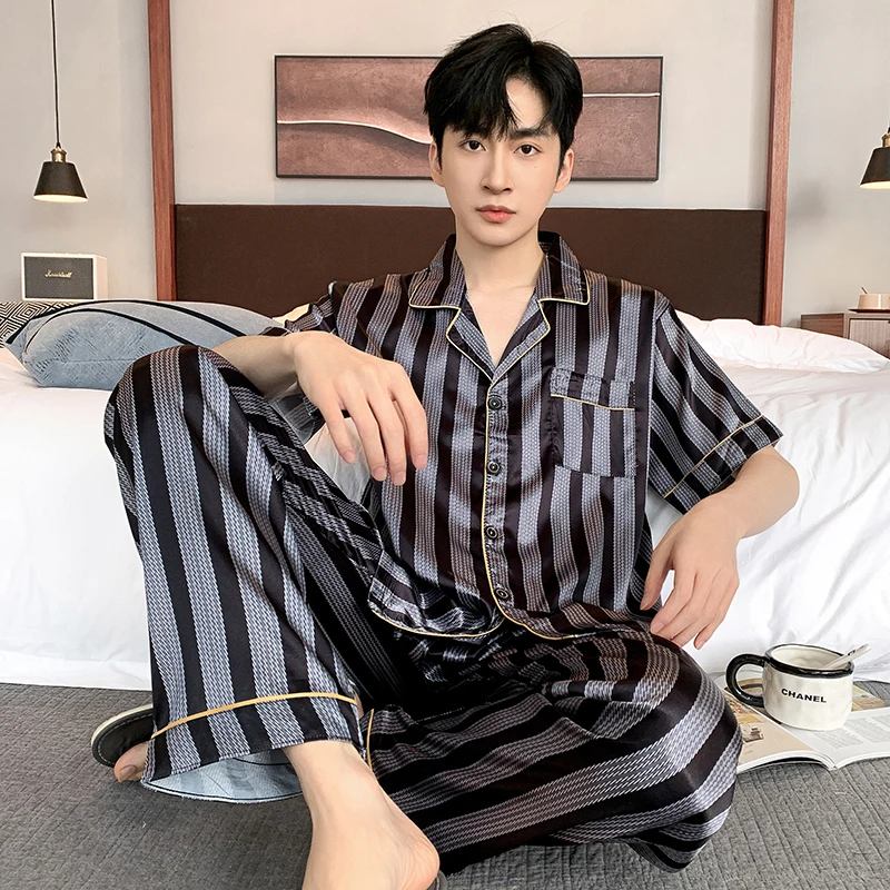 Men Sleepwear Silk Satin Pijama Set Pajama Sets Short Sleeve Sleep Home Clothes Man 2 Pieces Sets Home Suits Pyjamas L-5XL
