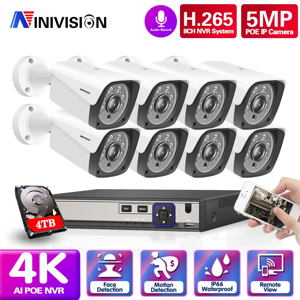 

8CH 4K Wireless NVR POE Security 5MP Bullet IP Camera System IR-CUT Night P2 CCTV Video Surveillance Recorder Kit AI Face Record
