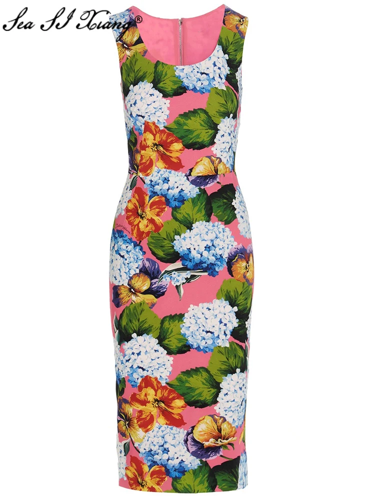 

Seasixiang Fashion Designer Summer Tank Pencil Dress Women Square Collar Sleeveless Flower Print Vintage Party Midi Dresses