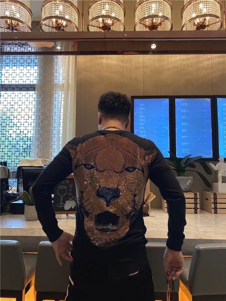 

Fashion trendy brand Plein new men's sweaters European PP street fashion hot drill embroidered round neck big lion head sweater