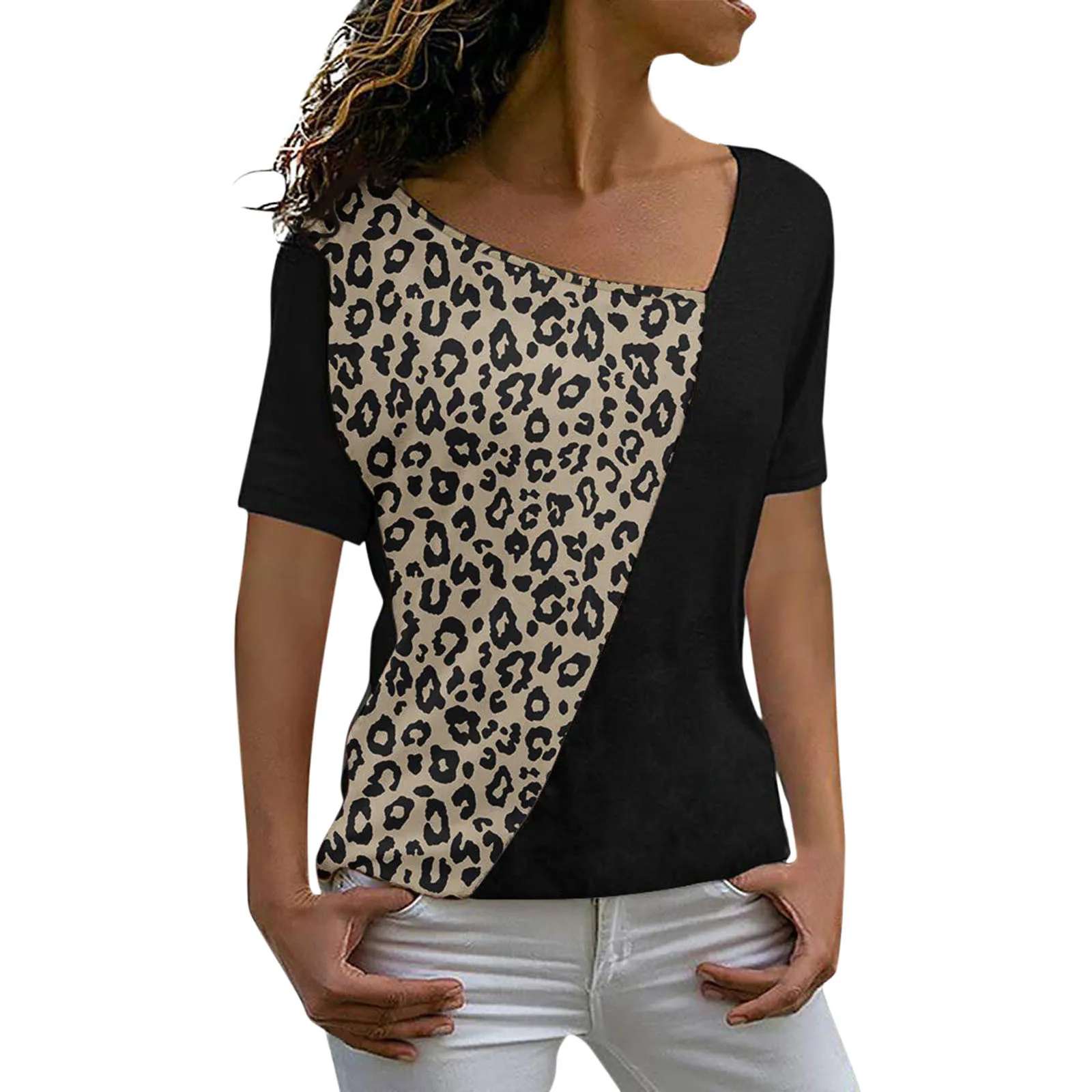 

Женская Повседневная футболка с коротким рукавом и леопардовым принтом