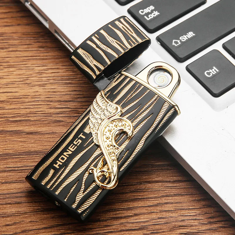 

Honest USB Charging Lighter Ultra Thin Windproof Creative Metal Double Sided Electronic Mute Igniter Smoking Gift Men