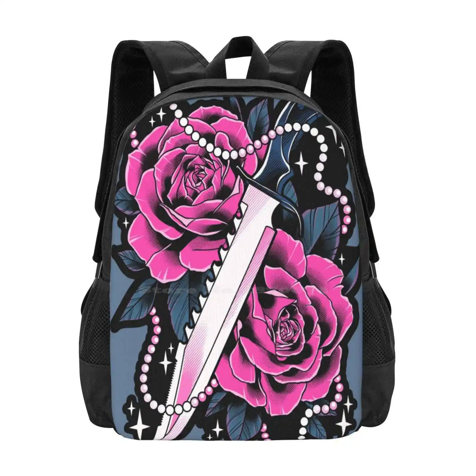 

Knife And Roses School Bags Travel Laptop Backpack Pastel Knife Tattoo Design Neotraditional Pink Roses