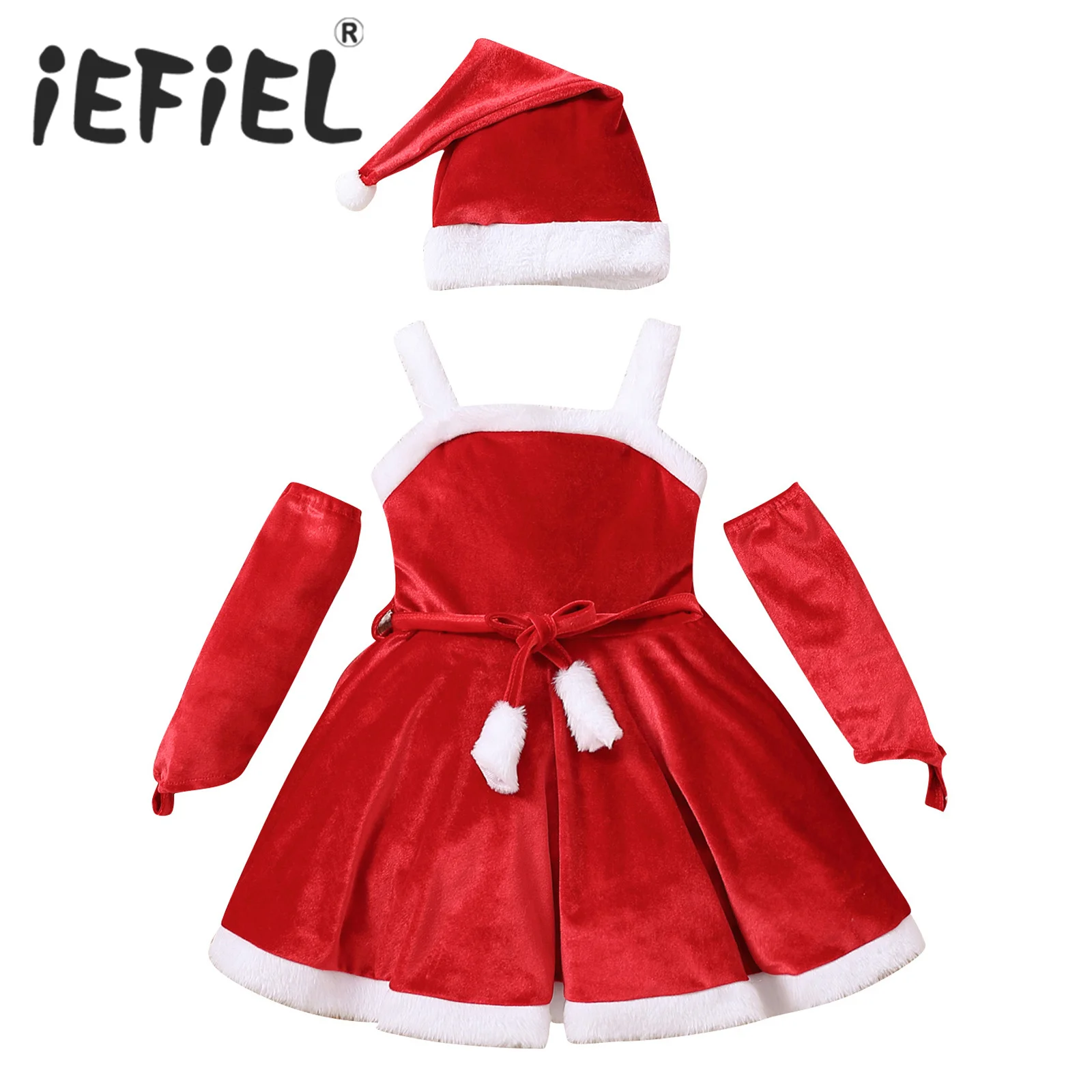 

Kids Girls Christmas Costumes Sleeveless Velvet A-line Santa Clause Dress with Fingerless Gloves and Santa Hat Suit for Cosplay