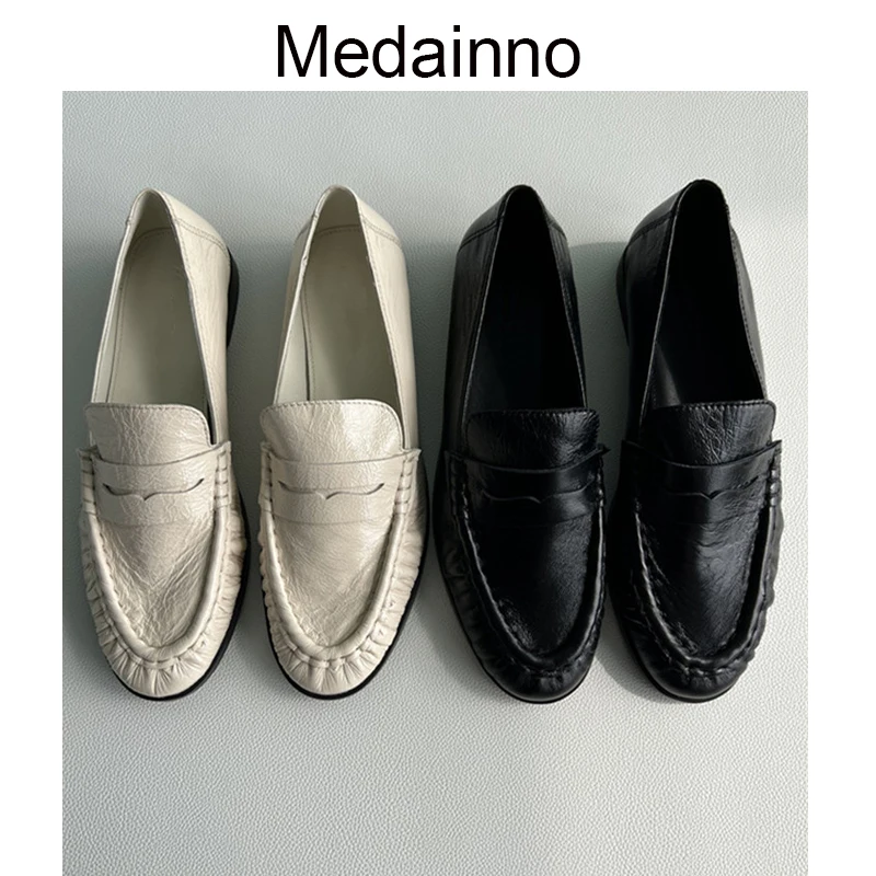 

Medainno 2023 Women New Genuine Leather Round Head Pleats Flat Loafers Casual Versatile Solid Simple Slip-on Shoes Female Chic