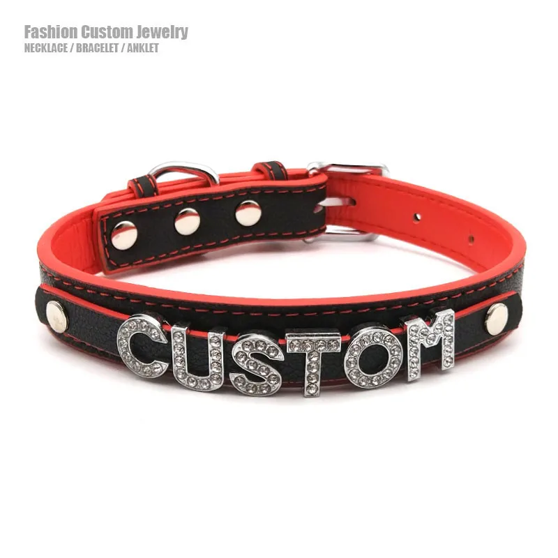 Black Red Mixed Leather Customized Letters Collar Choker Necklace Men Women Sexy Chocker Role Age Play DDLG Cosplay Jewelry