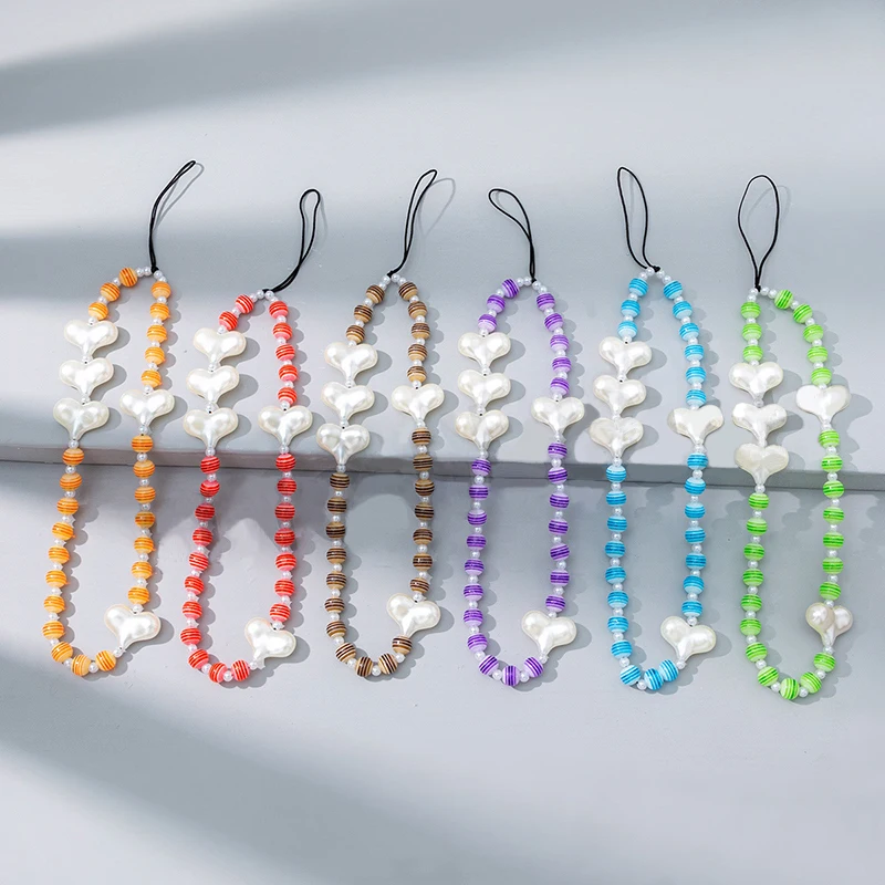 

New Trendy Striped Beads Love Heart Moblie Phone Chain Acrylic Cellphone Chain Anti-lost Lanyard Telephone Pendant Decoration