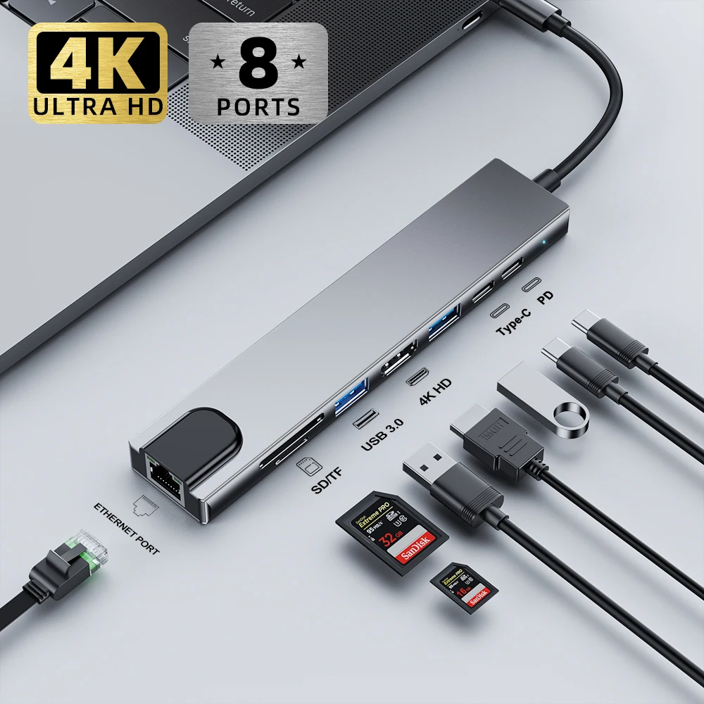 

USB-разветвитель Тип C, USB-адаптер к 4K HDMI 3 0, мульти-USB 3,0 OTG SD кардридер RJ45 Macbook Air M1 Pro док-станция