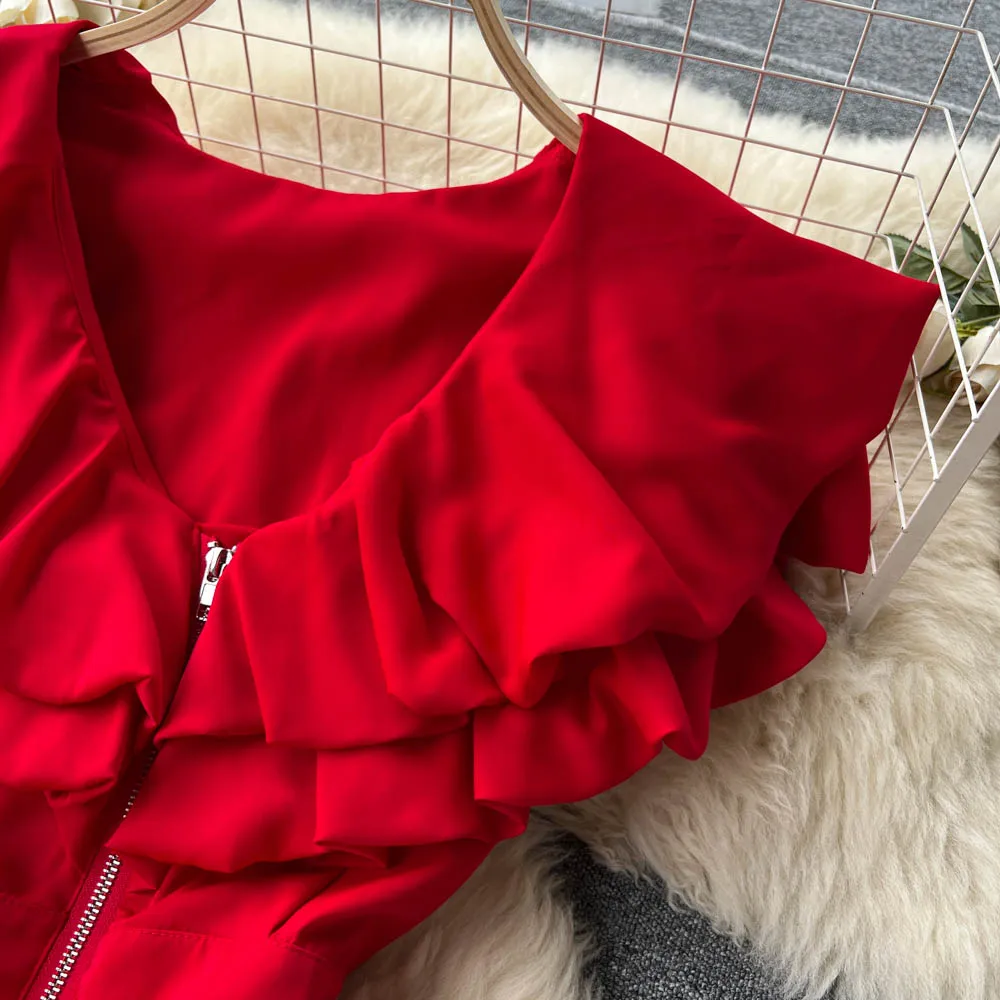 Clothland Women Chic Ruffled Jumpsuit V Neck Zipper Short Sleeve One Piece High Waist Fashion Playsuit Mujer KA335
