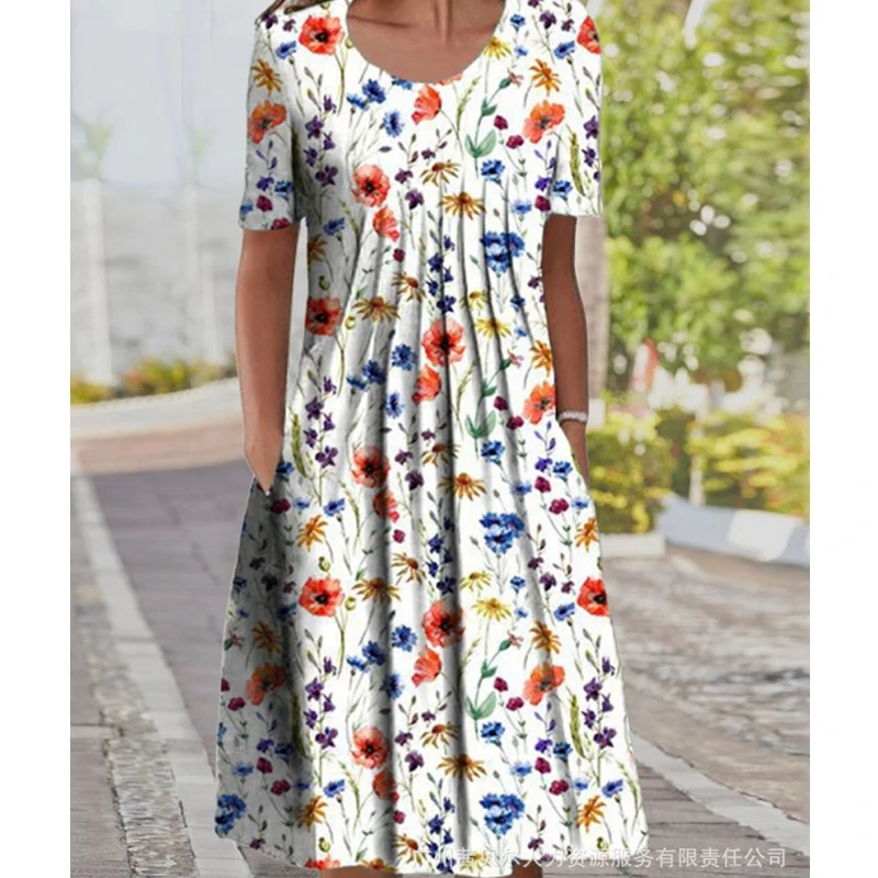Купи Summer Dress Women's Fashion Printed Pleated Pocket Dress Women's Casual Short Sleeve Round Neck Pullover Dress за 842 рублей в магазине AliExpress