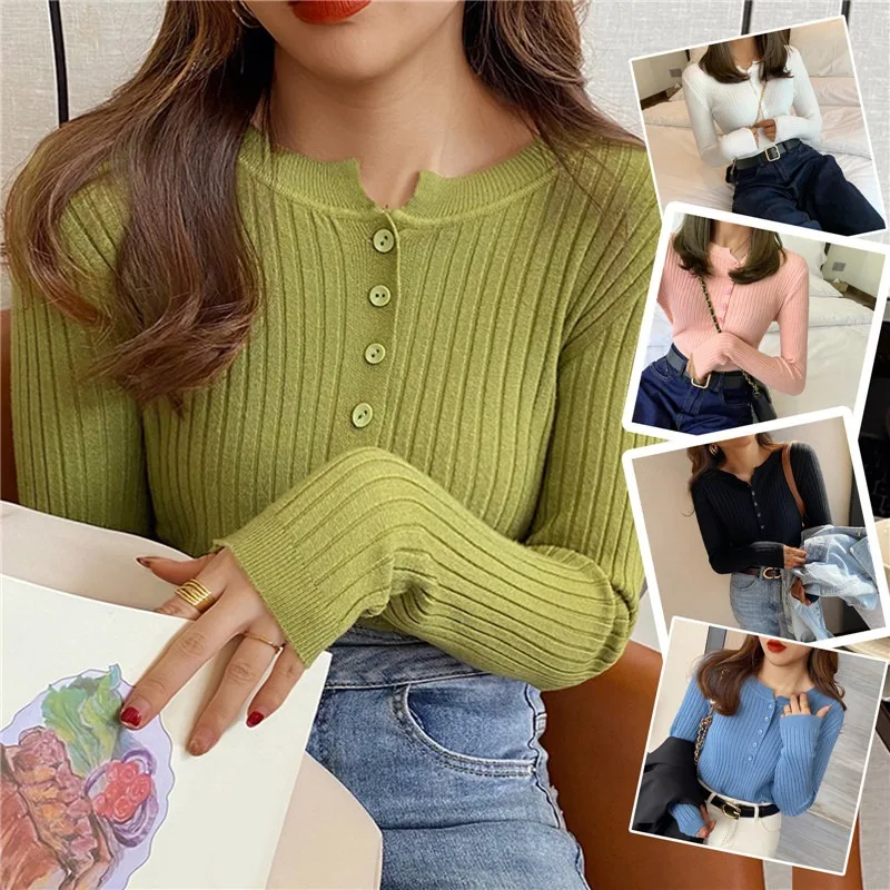 

Knitted Women Sweater Button O-neck Pullovers Spring Autumn Basic Sweaters for Female Pullover Slim Solid Bold Stripes Tops
