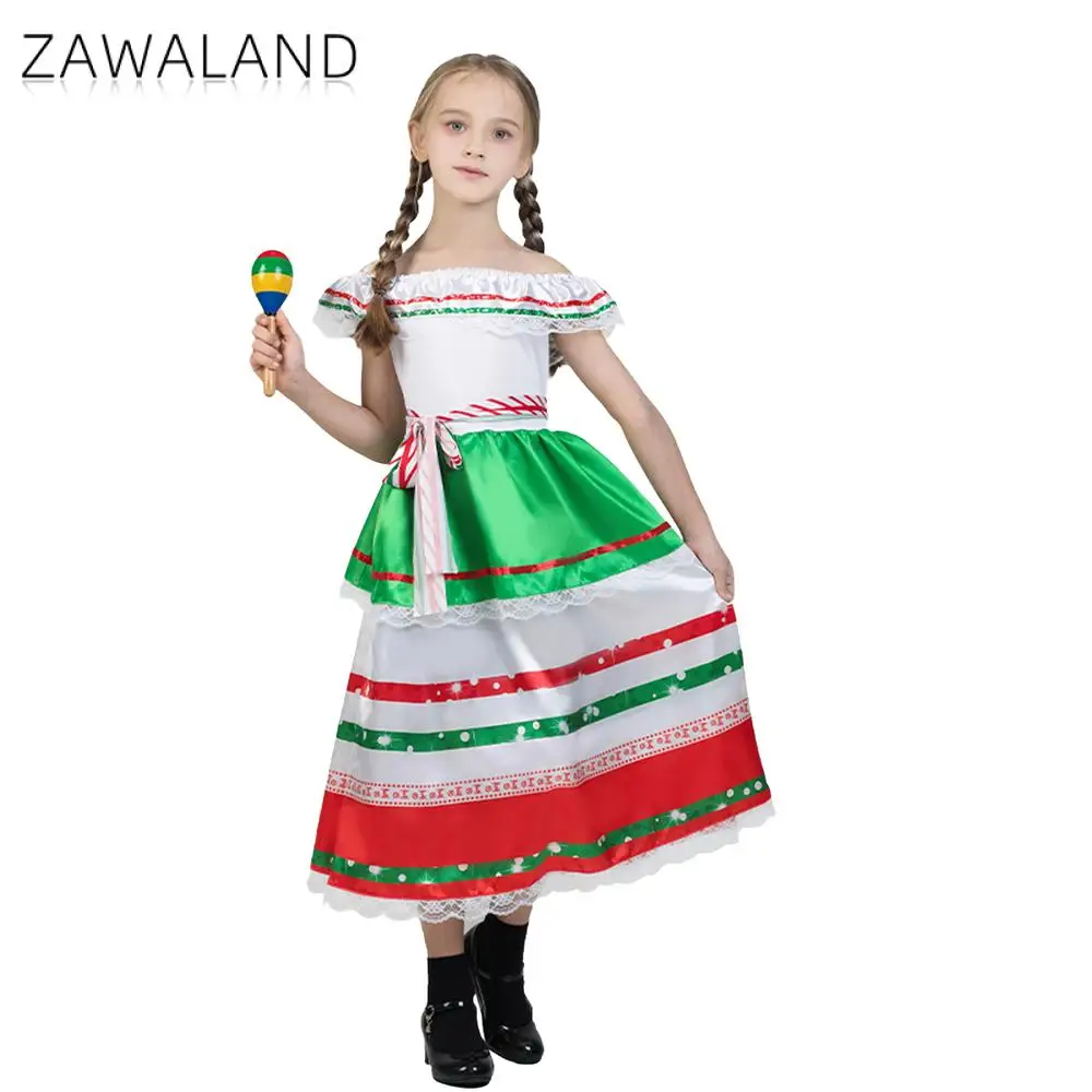 Фото Zawaland красочный мексиканский костюм для девочек, комплект Folklorico, танцевальное платье на Хэллоуин, мексиканское вечернее платье для косплея, наряд для выступления на сцене №3